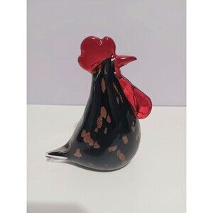 Hand Blown Glass Chicken Rooster Black w/ Gold Speckles Red Paperweight Figurine